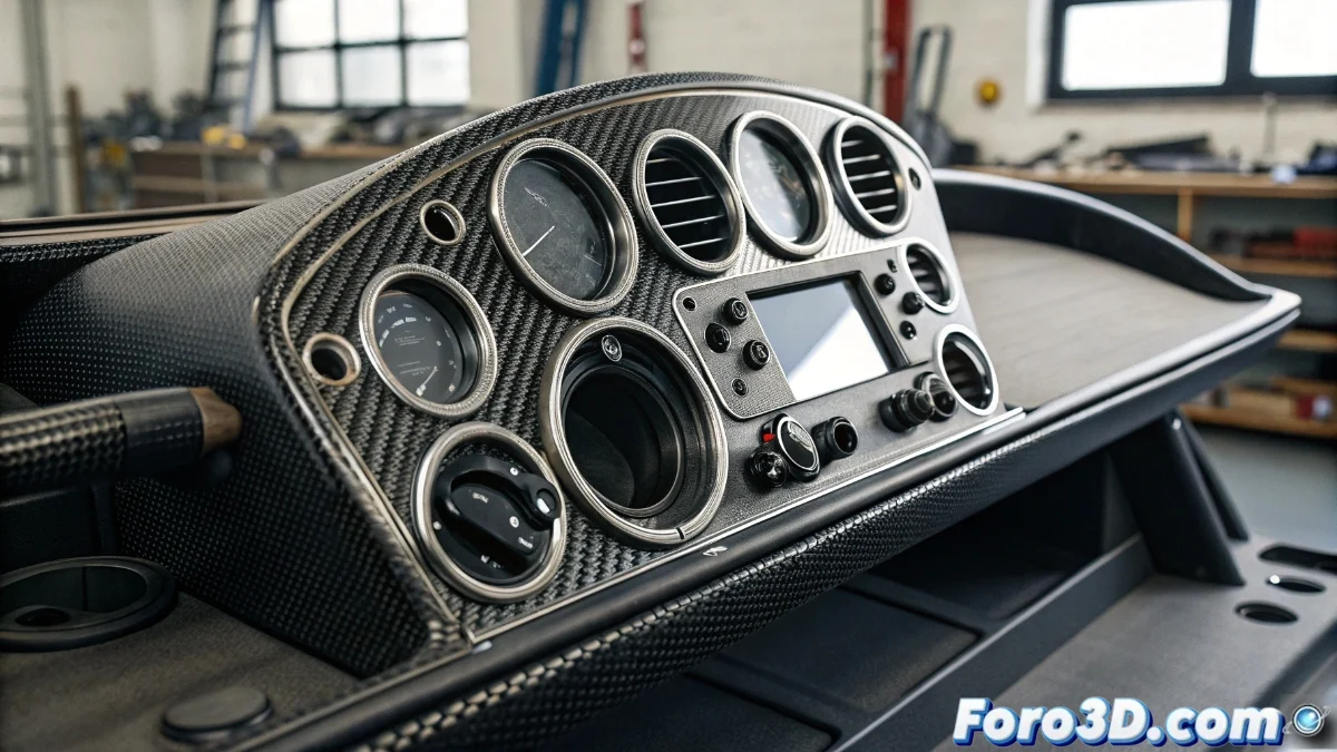 Interior de automóvil deportivo con componentes personalizados impresos en 3D mostrando biseles de instrumentos, botones y carcasas de controles con acabado profesional