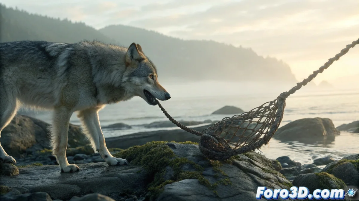 Lobo gris de Alaska manipulando cuerda de trampa para cangrejos en orilla rocosa con paisaje costero nevado al fondo