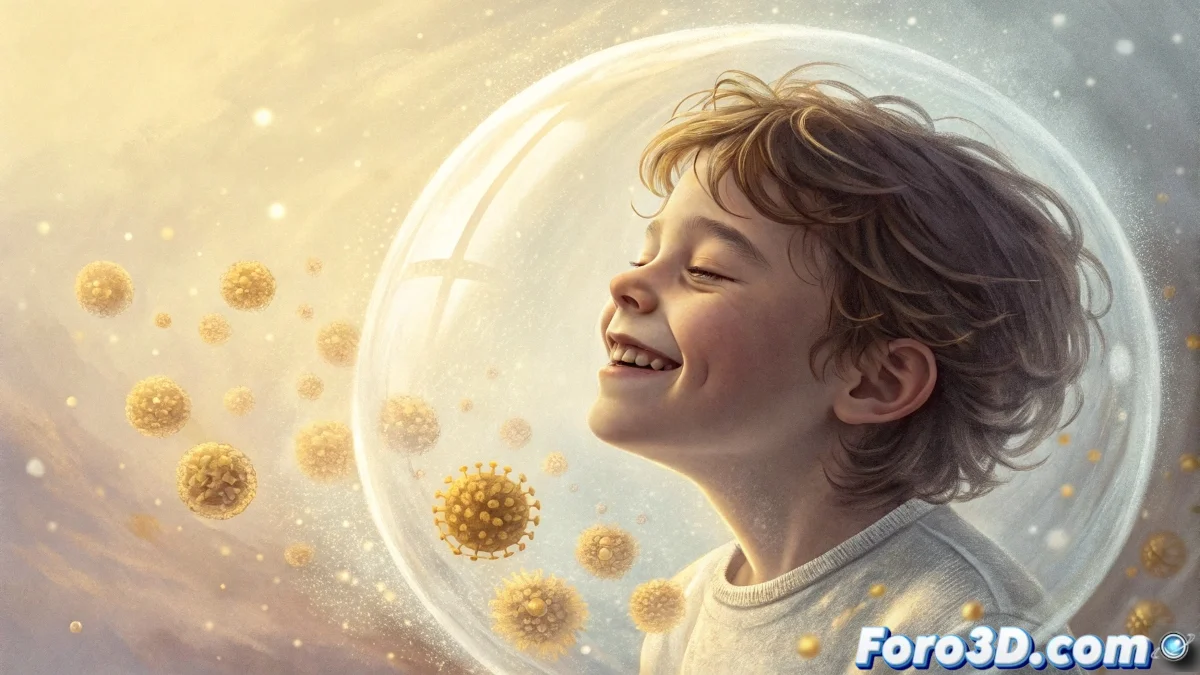 Niño sonriente saliendo de burbuja de aislamiento médico hacia entorno normal, con símbolos de sistema inmunitario y células sanguíneas en fondo de hospital moderno.
