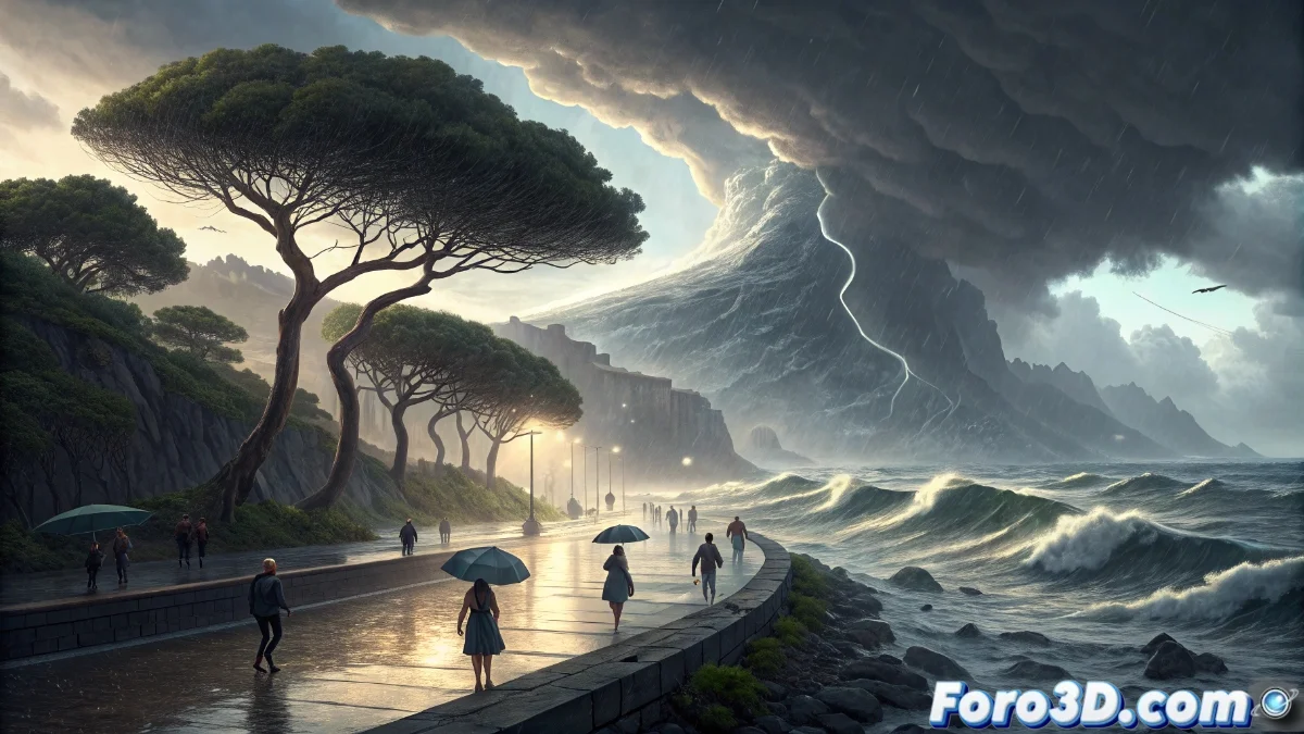 Mapa meteorológico de la península ibérica mostrando frentes atlánticos, zonas de precipitación intensa y flechas indicando dirección del viento con colores que representan diferentes intensidades.