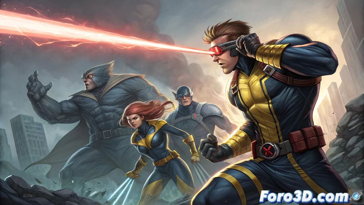 Los X-Men en formación de batalla divididos por una grieta simbólica, con expresiones de conflicto y determinación