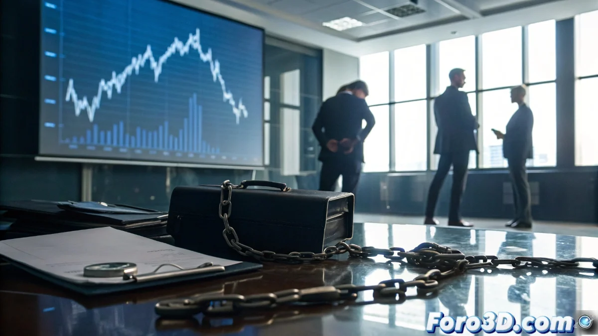 Gráfico financiero mostrando caída abrupta en los beneficios de UniCredit con banderas rusa e italiana cruzadas en segundo plano, representando la crisis de su filial en Rusia.