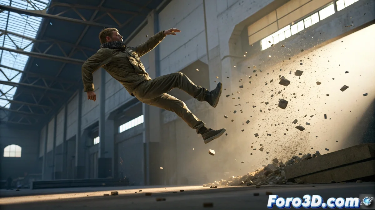 Personaje 3D en Unreal Engine mostrando transición entre animación controlada y simulación física Chaos Ragdoll, con huesos destacados y fuerzas de impacto visibles