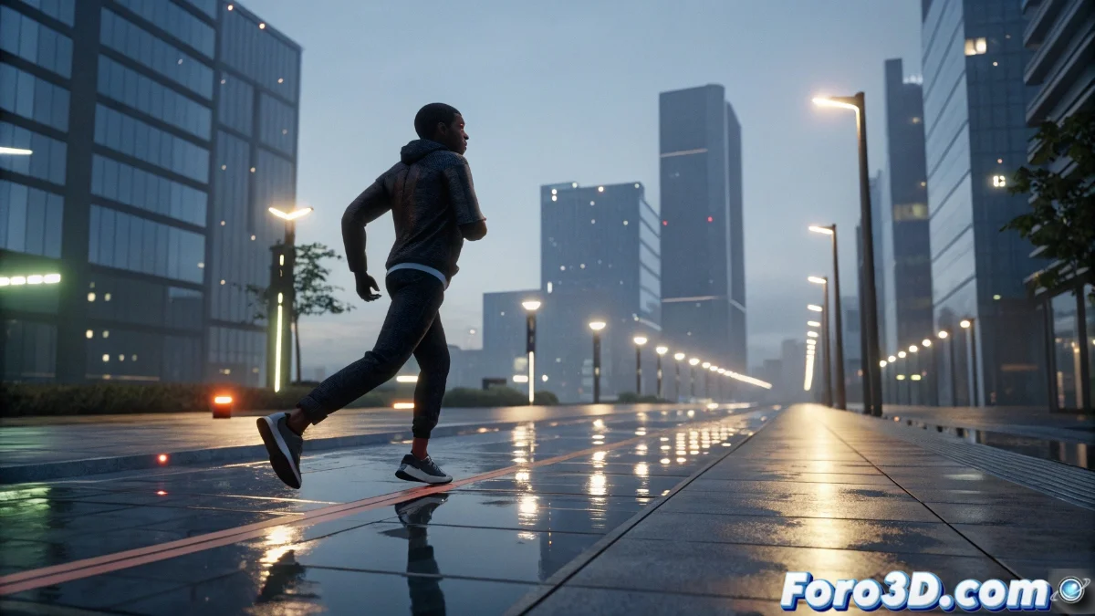 Diagrama de un personaje 3D en Unreal Engine mostrando la comparación entre distancia real y distancia animada, con nodos de Animation Blueprint visibles en segundo plano.