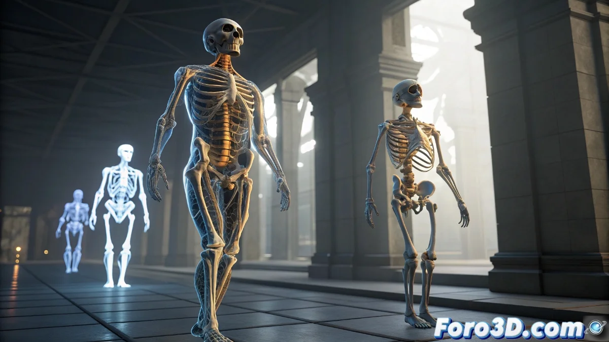 Diagrama mostrando la estructura de Linked Anim Layers en Unreal Engine con diferentes capas de animación conectadas a un esqueleto principal y ejemplos de reutilización entre personajes