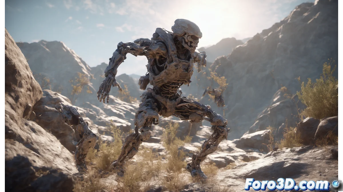 Diagrama técnico mostrando el proceso de Pose Warping en Unreal Engine con esqueletos animados adaptándose a superficies irregulares y objetivos en movimiento, con nodos de Animation Blueprint visibles.