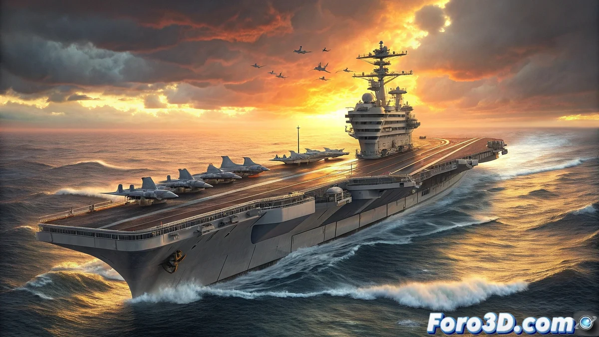 Render 3D detallado del portaaviones USS Gerald R Ford mostrando su cubierta de vuelo con aeronaves, isla de control reducida y sistemas defensivos en alta resolución