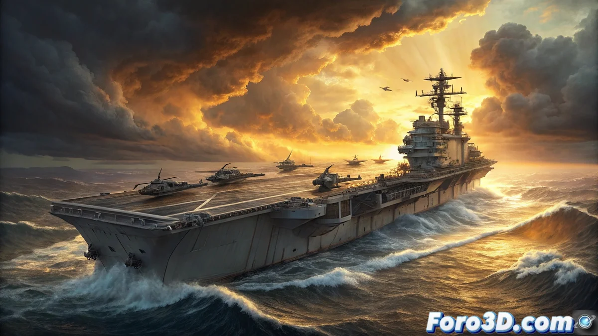 Vista aérea del USS Wasp navegando en aguas azules, con helicópteros en cubierta y vehículos anfibios desplegándose desde su dique inundable.