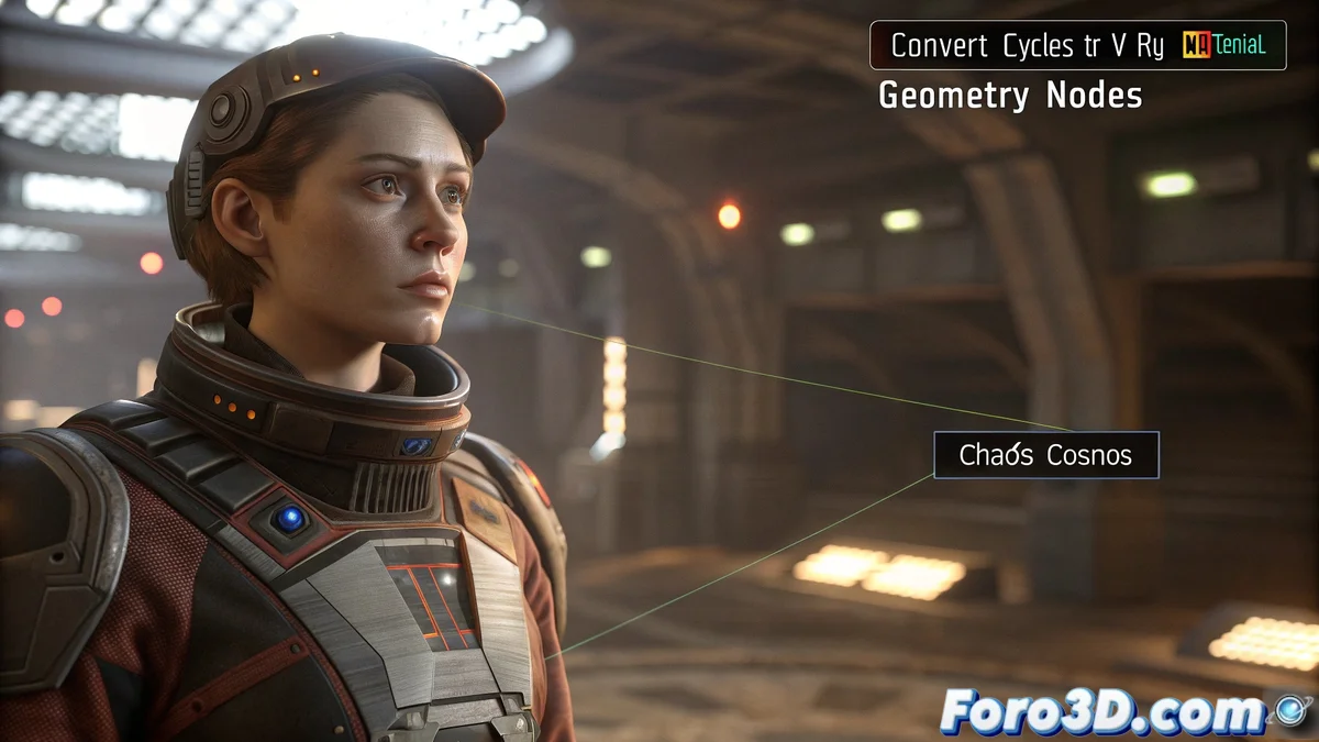 Interfaz de V-Ray 7.1 para Blender mostrando el renderizado de Geometry Nodes y el panel de conversion de materiales de Cycles a V-Ray
