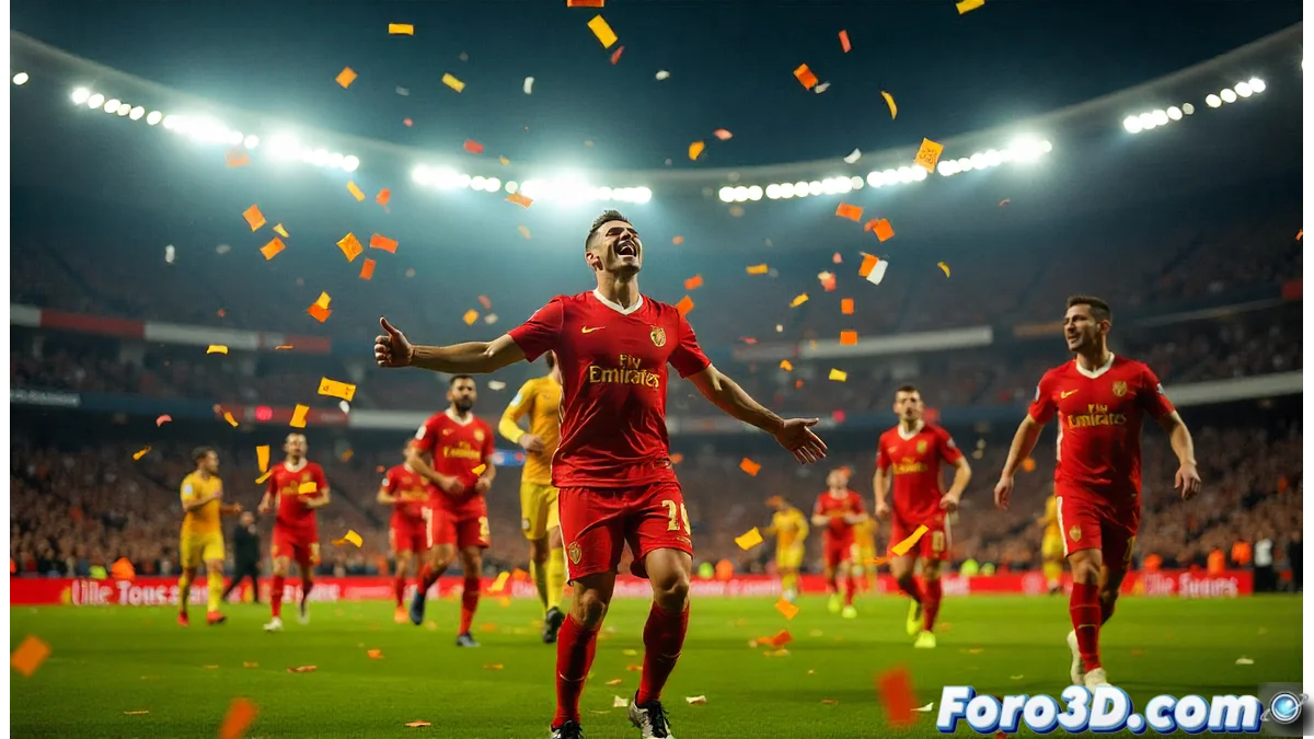 Celebración del Valencia CF tras el gol de Hugo Duro en el Santiago Bernabéu con jugadores abrazándose y aficionados madridistas en segundo plano con expresión de decepción