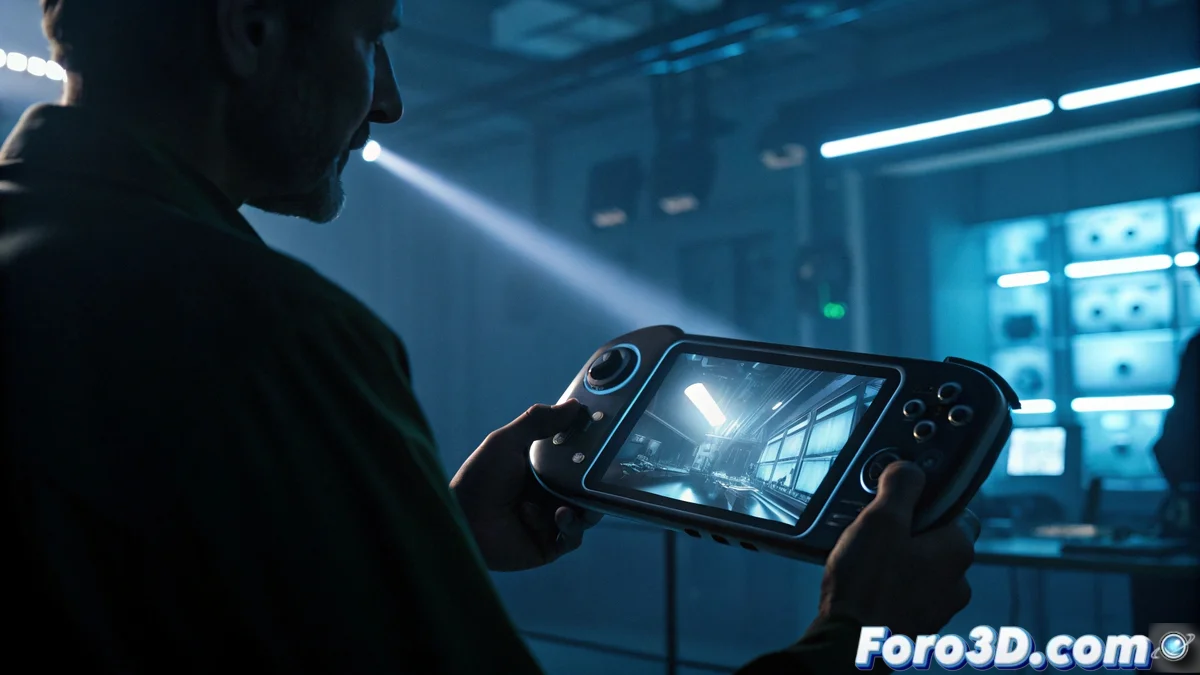 Concepto de Steam Deck 2 mostrando diseño futurista con pantalla mejorada y chips de alta eficiencia energética en un entorno de gaming portátil.