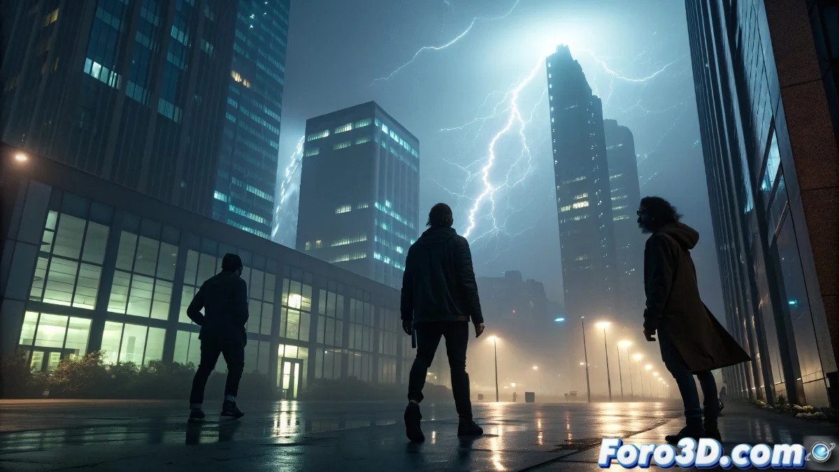 Protagonista de Varsapura transformando su apariencia frente a un entorno urbano moderno con elementos paranormales visibles en el fondo, mostrando efectos visuales avanzados de Unreal Engine 5