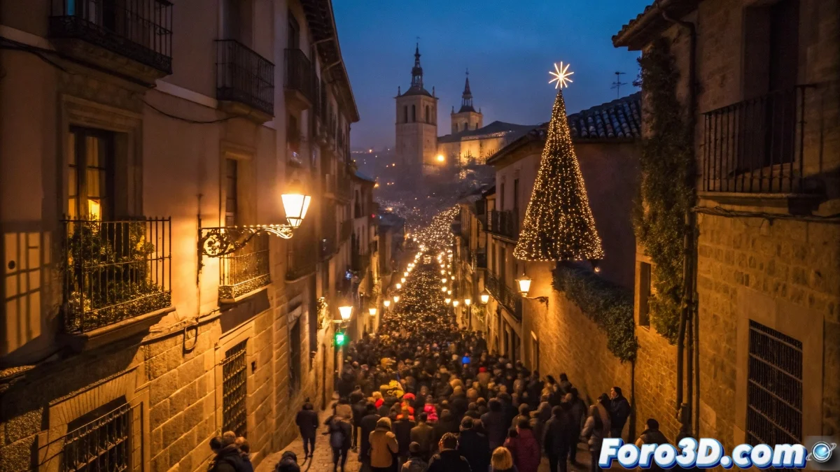 Grupo de vecinos protestando con carteles en la calle Hombre de Palo de Toledo durante el encendido de las luces navideñas, con turistas observando la escena.