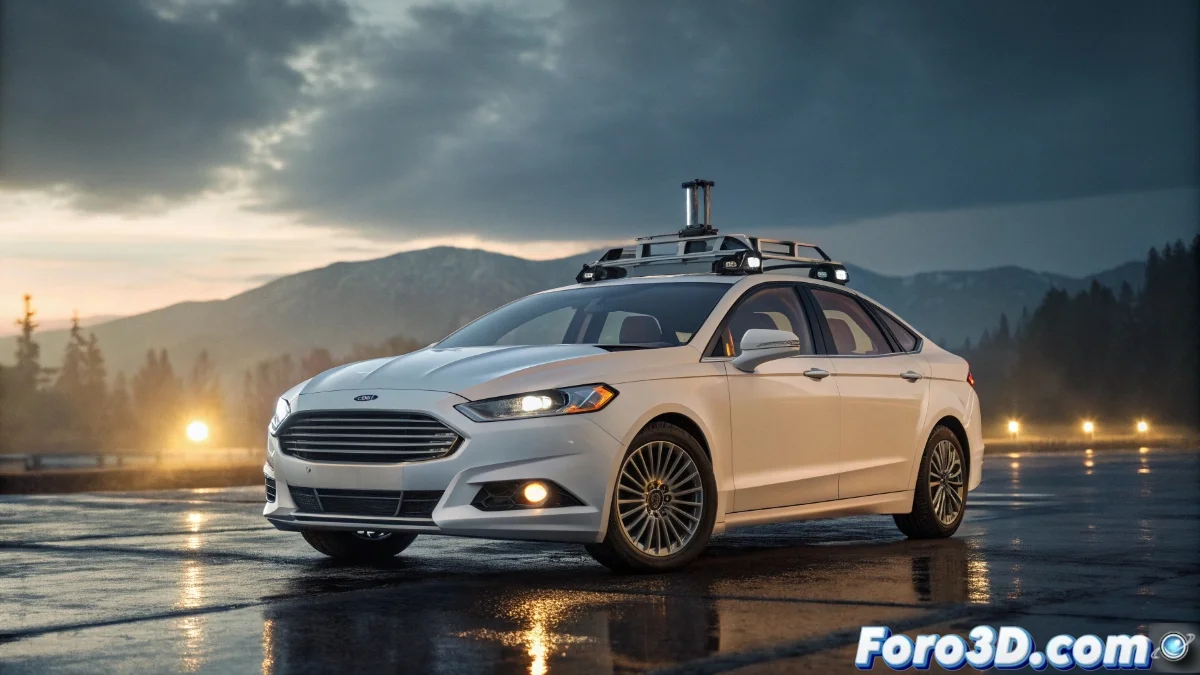 Prototipo de vehículo autónomo con sensores LiDAR y cámaras montados en soportes impresos en 3D, mostrando integración modular en un chasis Ford Fusion.