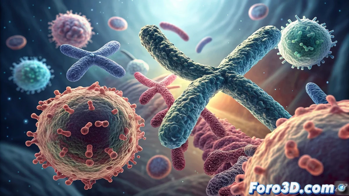 Diagrama científico que muestra la diferencia entre cromosomas X e Y en células inmunológicas, con representación visual de la inactivación incompleta del cromosoma X