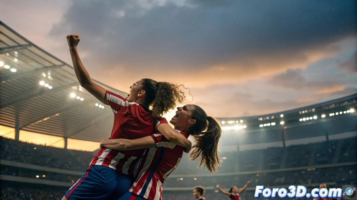 Jugadoras del Atlético de Madrid celebrando un gol en partido de Liga F con gestos de determinación y unidad en el campo de juego
