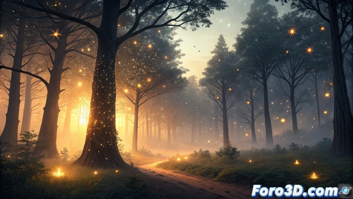 Composición 3D de un bosque con niebla densa y partículas de polvo iluminadas por rayos de luz volumétrica, creando un ambiente melancólico y misterioso.