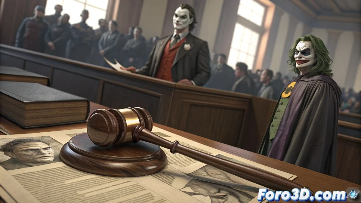 Tribunal estadounidense con documentos legales sobre derechos de autor de películas The Matrix y Joker en primer plano, con edificio de tribunales al fondo