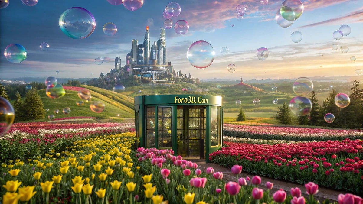 Ilustración cinematográfica de una ciudad mágica inspirada en Oz, con torres doradas, luces brillantes y criaturas fantásticas. Campos de tulipanes rodean el paisaje con efectos de luz etéreos. En primer plano, un personaje con detalles realistas mezcla rasgos humanos y animales, reflejando la fantasía del universo de Wicked.