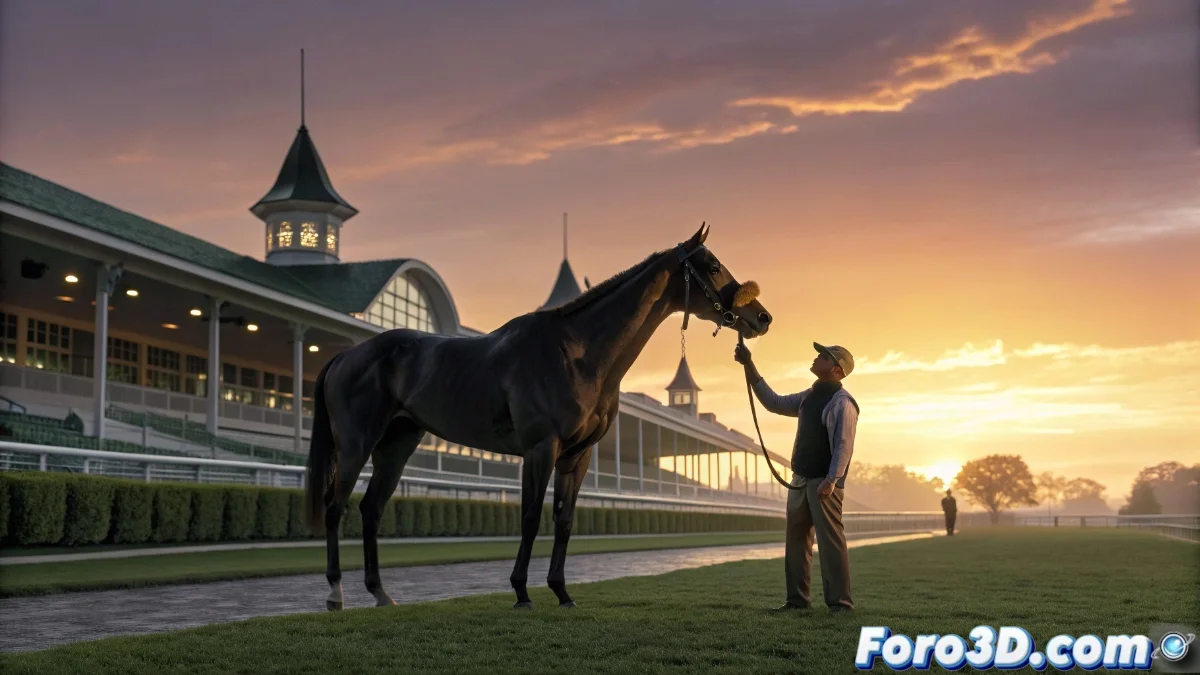 Caballo de carreras en pista con propietario revisando tablet en establo moderno, interfaz del juego mostrando árbol genealógico equino y cartas SSR brillantes