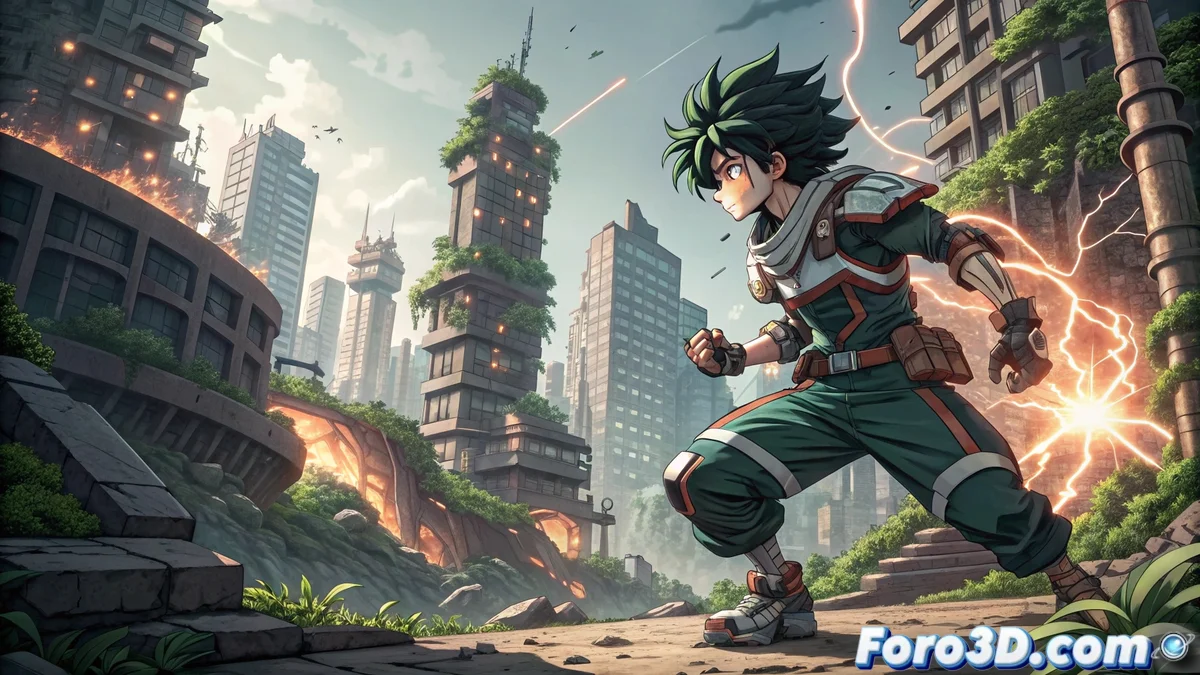 Personaje anime con cel-shading en un paisaje post-apocalíptico futurista, mostrando efectos de partículas y iluminación dinámica generados en Unreal Engine 4.