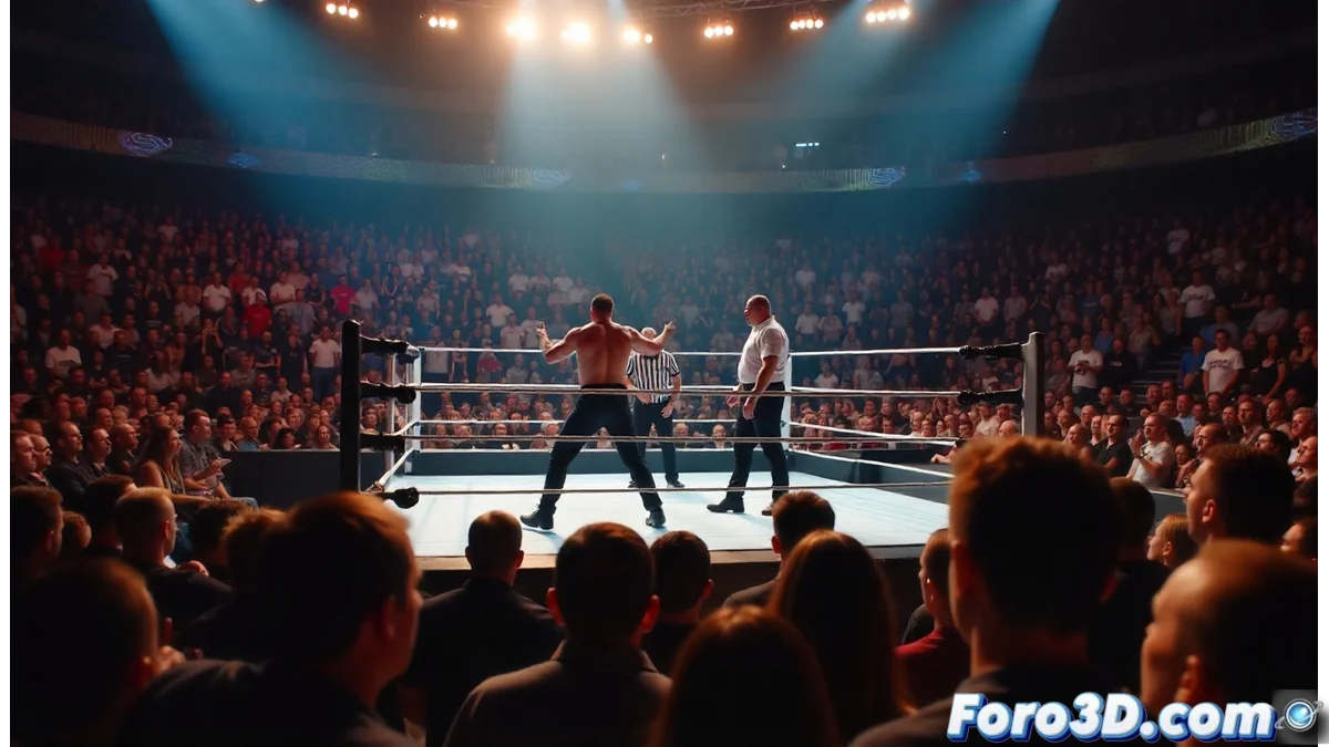 Estructura de Elimination Chamber iluminada en el United Center de Chicago, con luchadores en acción y fanáticos emocionados en las gradas.