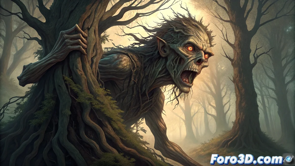 Página del cómic Wytches mostrando una escena de horror en el bosque, con el estilo gráfico y texturizado de Jock, donde figuras distorsionadas emergen de los árboles.