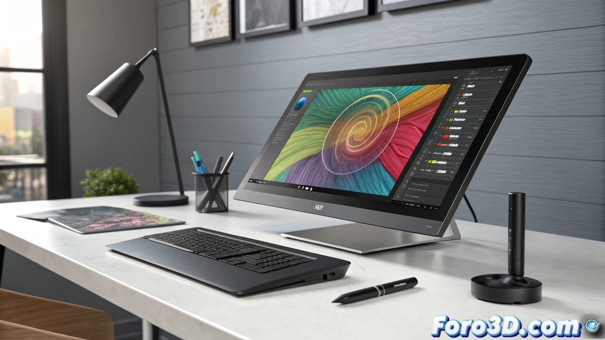Xencelabs Pen Display 24 plus mostrando calibracion de color Calman Ready en entorno de trabajo profesional con tabletas y stylus