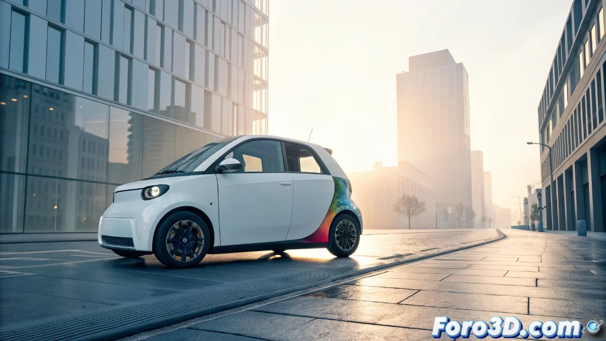 Vehículo eléctrico XEV Yoyo de color azul con diseño modular impreso en 3D, mostrando detalles de personalización en puertas y faros, aparcado en entorno urbano contemporáneo