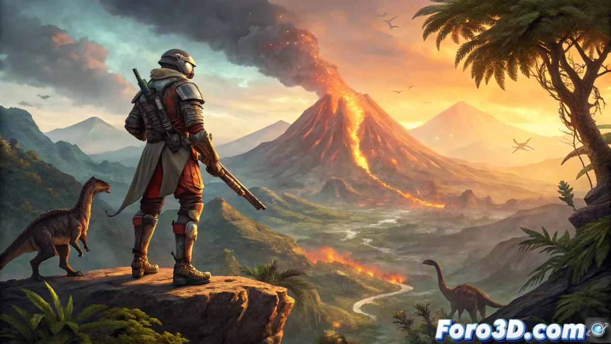 Portada del trade paperback de Yor the Hunter from the Future mostrando al protagonista con su característico traje de pieles frente a un paisaje prehistórico con dinosaurios