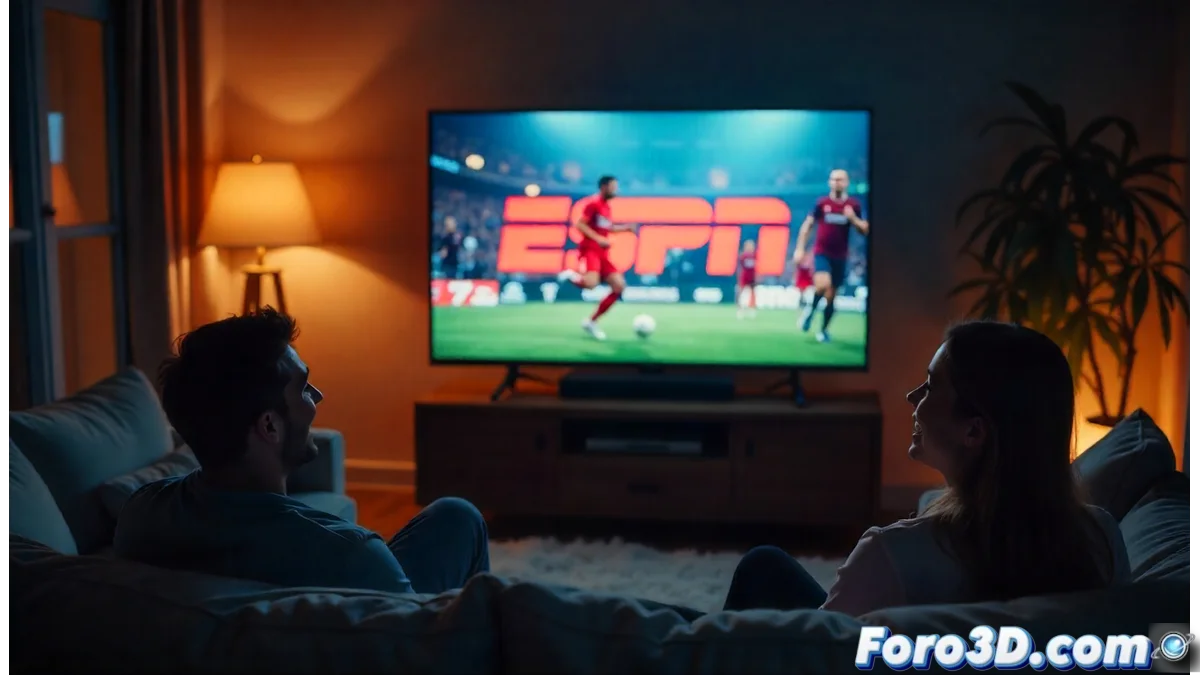 Pantalla de televisión mostrando el logo de YouTube TV junto a los canales ESPN y Disney Channel restaurados, con un mensaje de