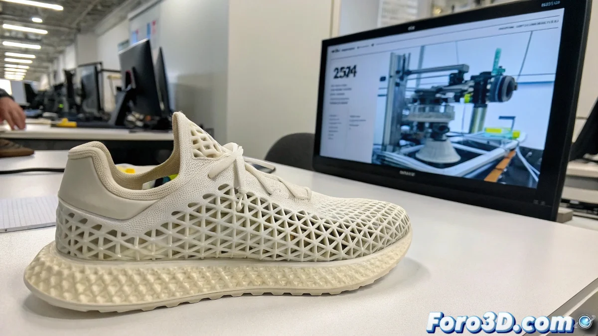 Par de zapatillas futuristas impresas en 3D con diseño geométrico complejo, mostrando detalles de la estructura interna.
