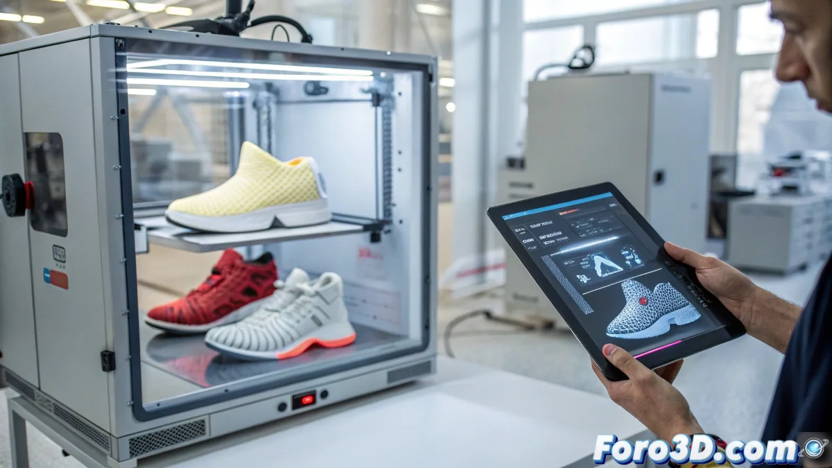 Par de zapatillas futuristas impresas en 3D con diseño geométrico complejo, mostrando detalles de la estructura interna.