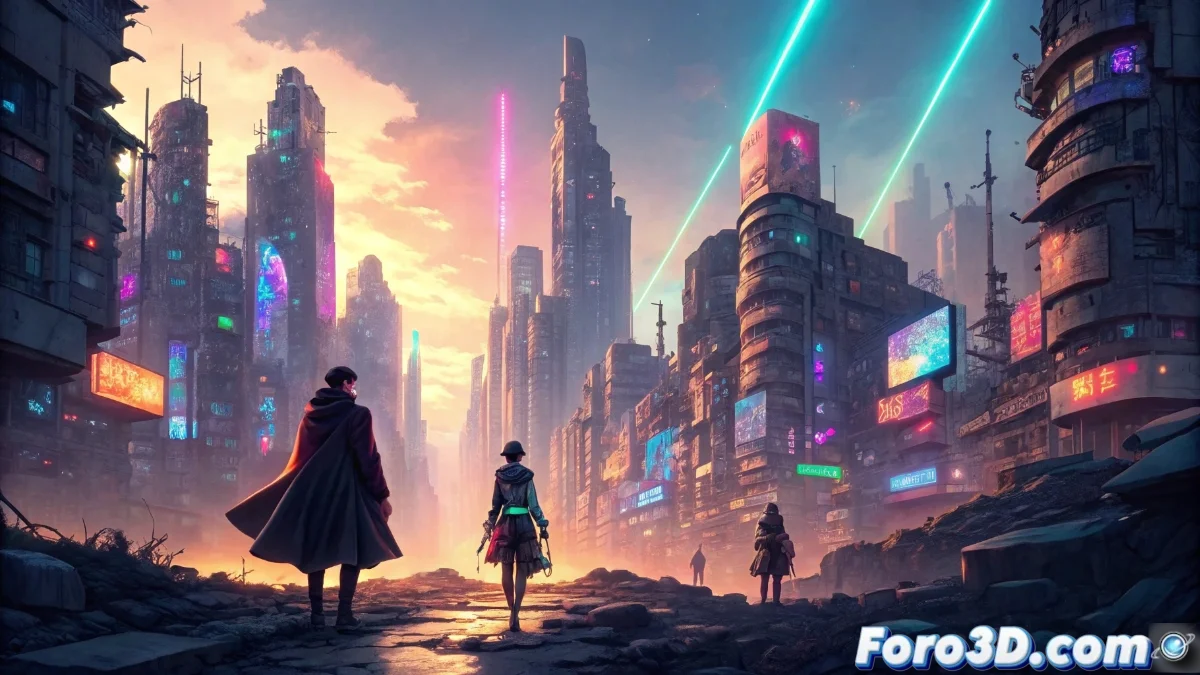 Captura de pantalla del videojuego Zenless Zone Zero mostrando personajes con estilo cel-shaded en entorno post-apocalíptico, con interfaz de Blender y herramientas 3D en segundo plano