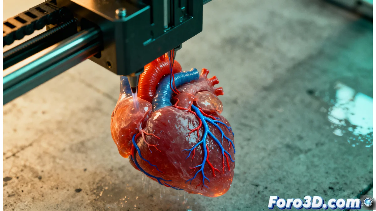 Bioimpresora 3D especializada depositando hidrogeles con células vivas para crear tejidos vascularizados complejos en un laboratorio de investigación médica