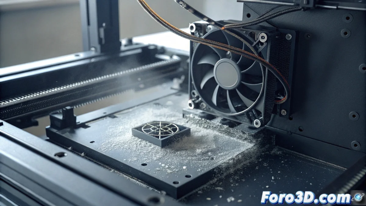Diagrama técnico mostrando el ventilador de refrigeración de la cámara en una impresora 3D Bamboo, con flechas indicando puntos de verificación de cableado y ubicación del sensor de temperatura.